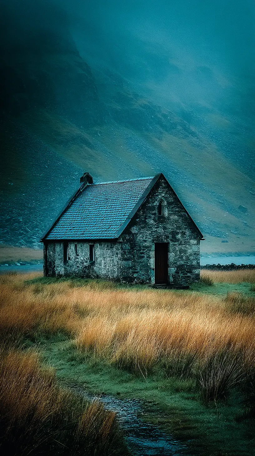 Foggy rural chapel and meadow in soft morning light