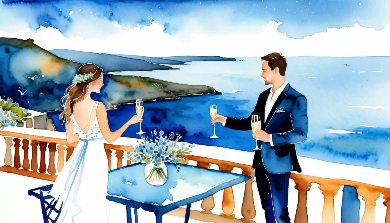 Romantic couple toasting on seaside wedding terrace painting