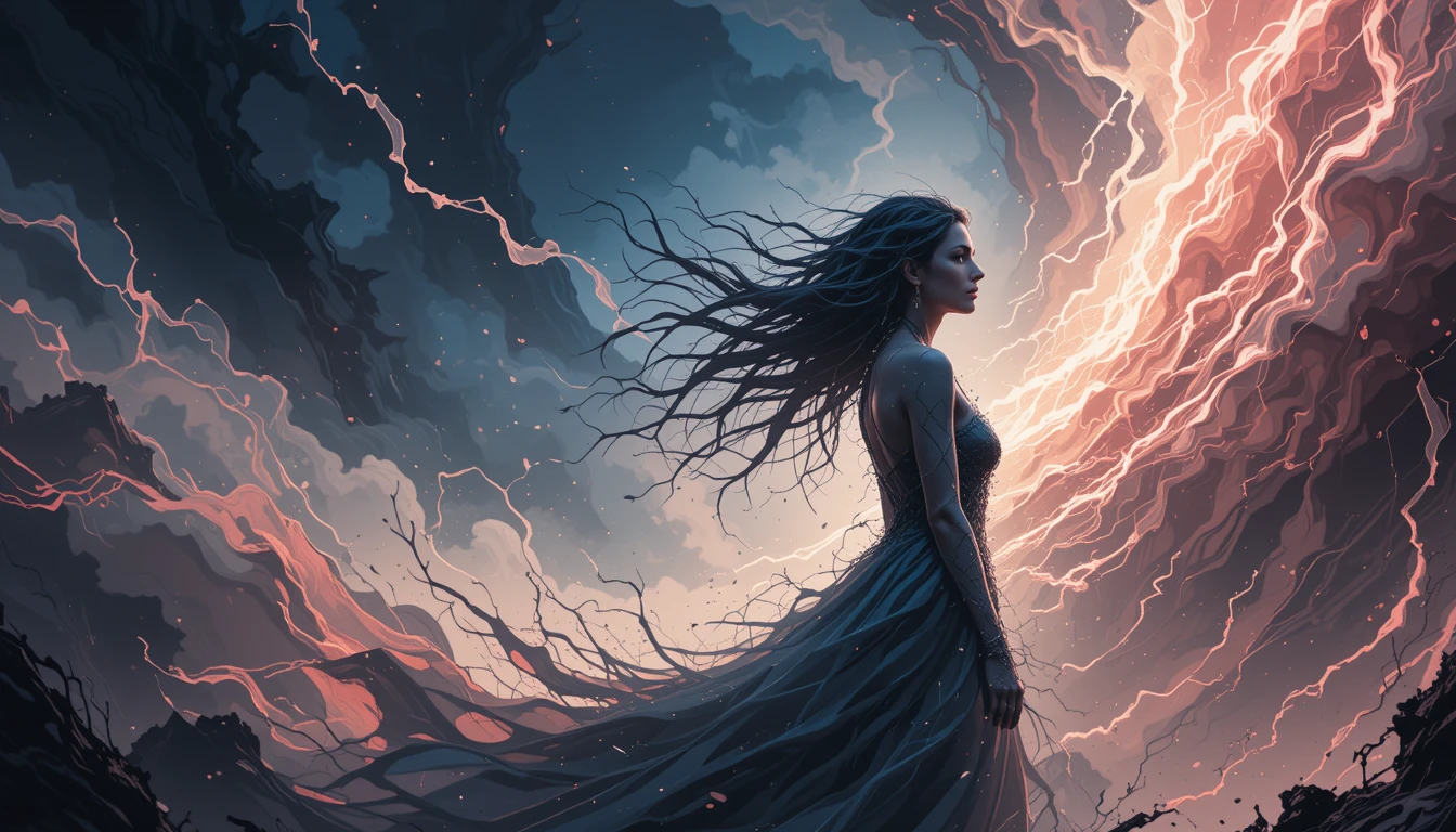 Womanly silhouette dissolving into storm light and shadow