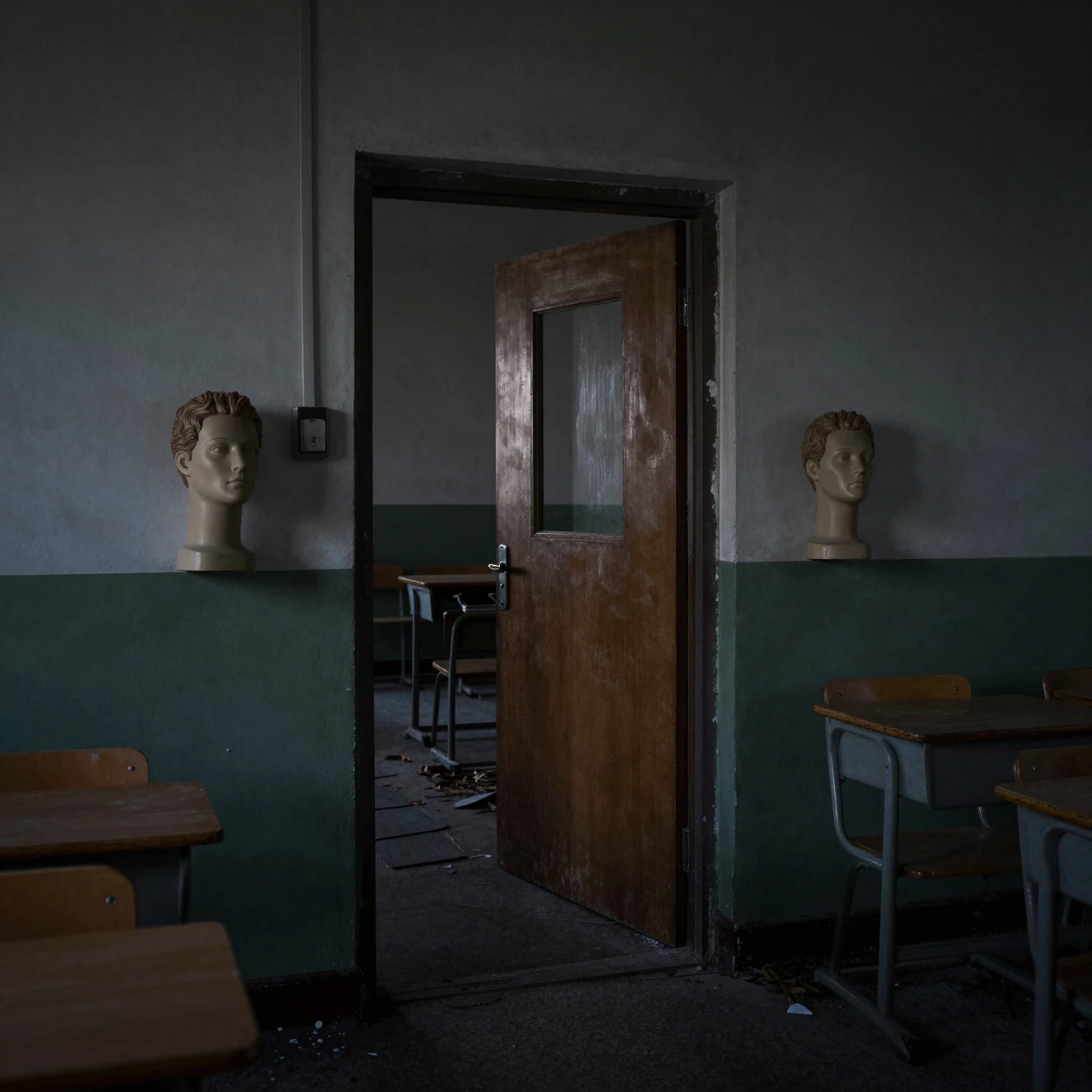 Abandoned classroom of mannequin heads staring toward a doorway