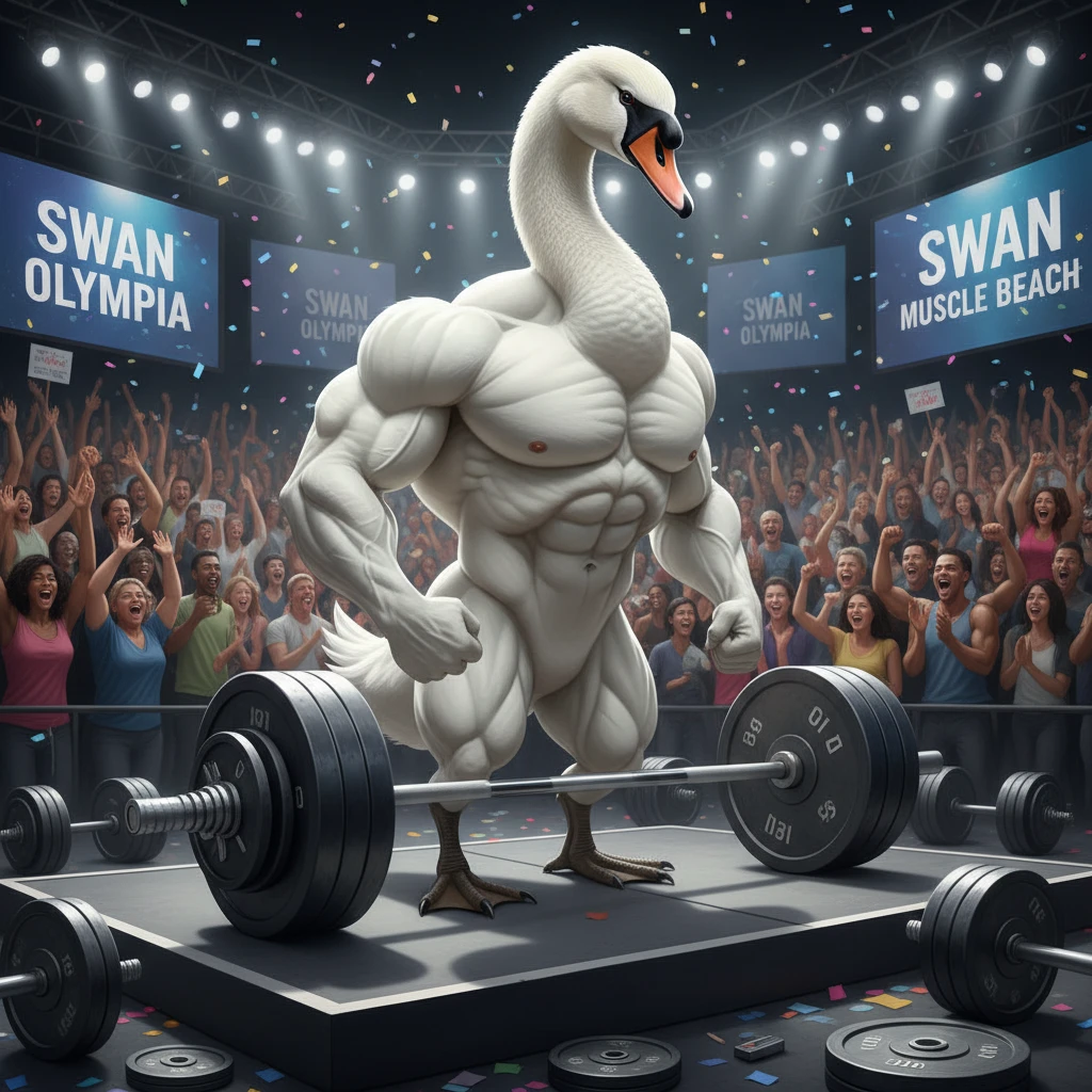 Muscular swan posing proudly on a weightlifting stage