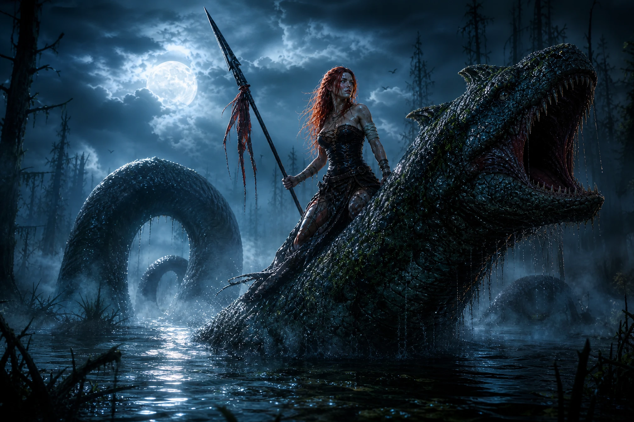 Red haired warrior riding a sea serpent in swamp