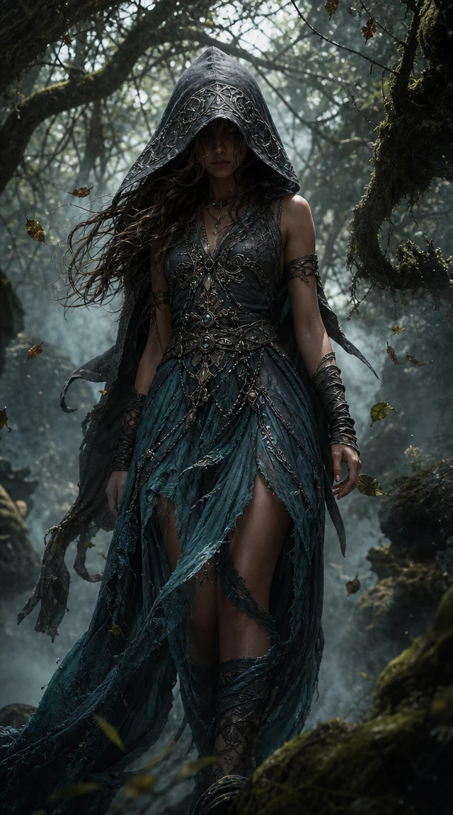 Hooded woman in tattered teal dress in misty forest