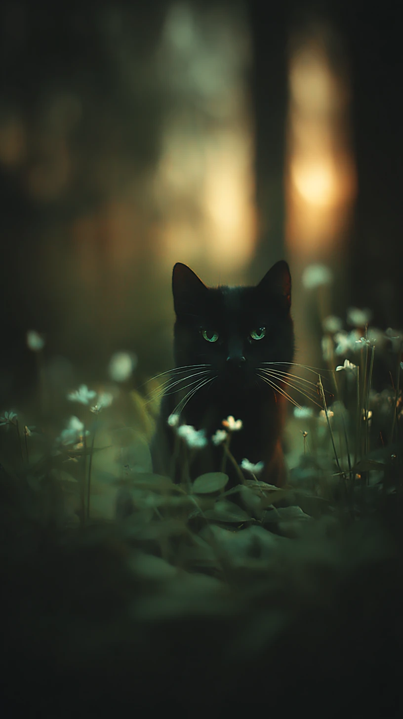 Black cat staring from deep green forest shadows