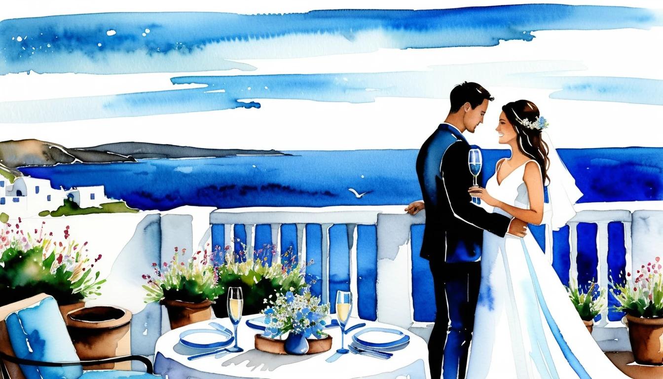Romantic Couple Toasting On Oceanfront Wedding Terrace
