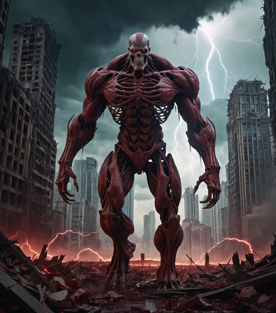 Colossal skeletal titan stalking through a collapsing city