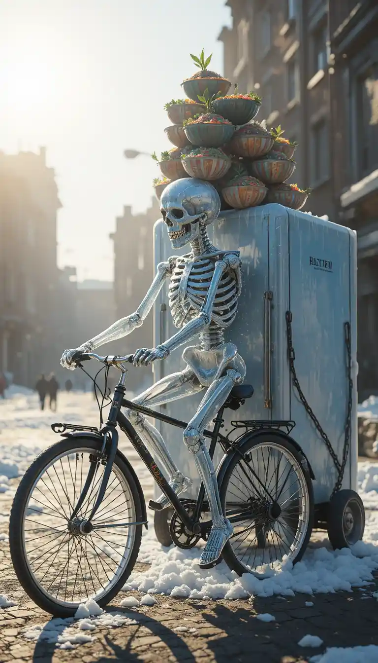 Scheletro luccicante in bicicletta sotto la luce intensa del sole