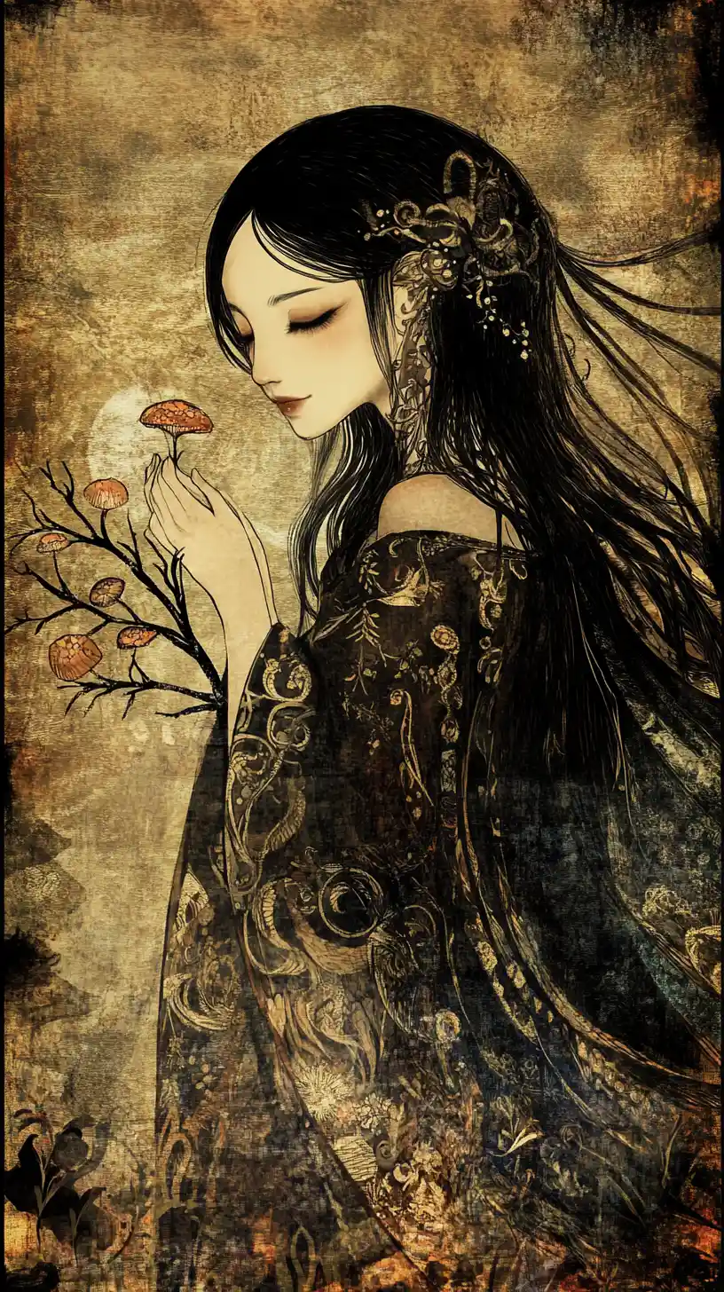 Surreal maiden holding glowing fungi branch in flowing gown