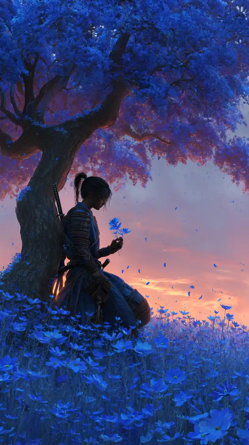 Melancholic samurai woman in blue flower field at sunset