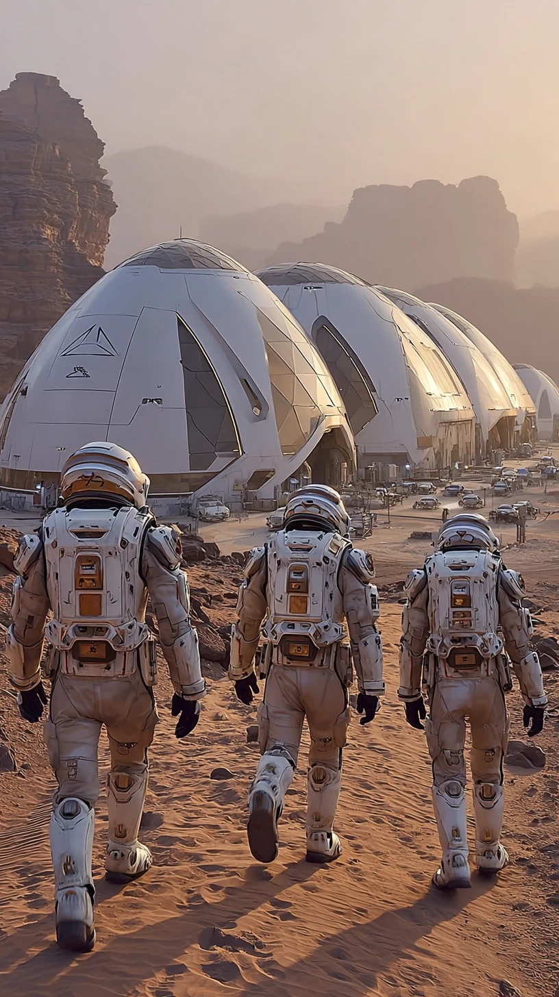 日の出に迫る未来的な火星居住地と宇宙飛行士たち