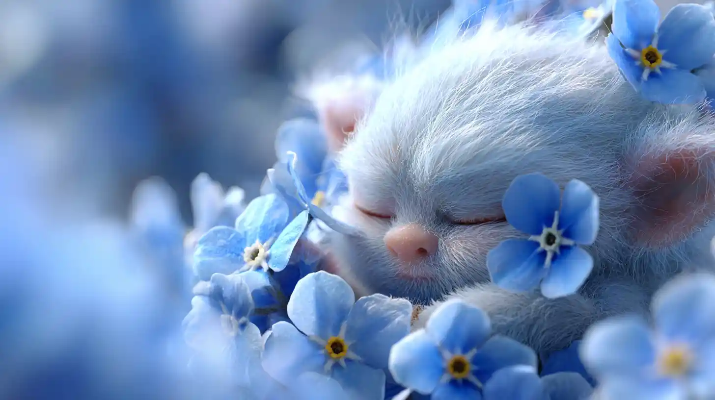 Essere etereo che dorme in un nontiscordardimé azzurro cielo
