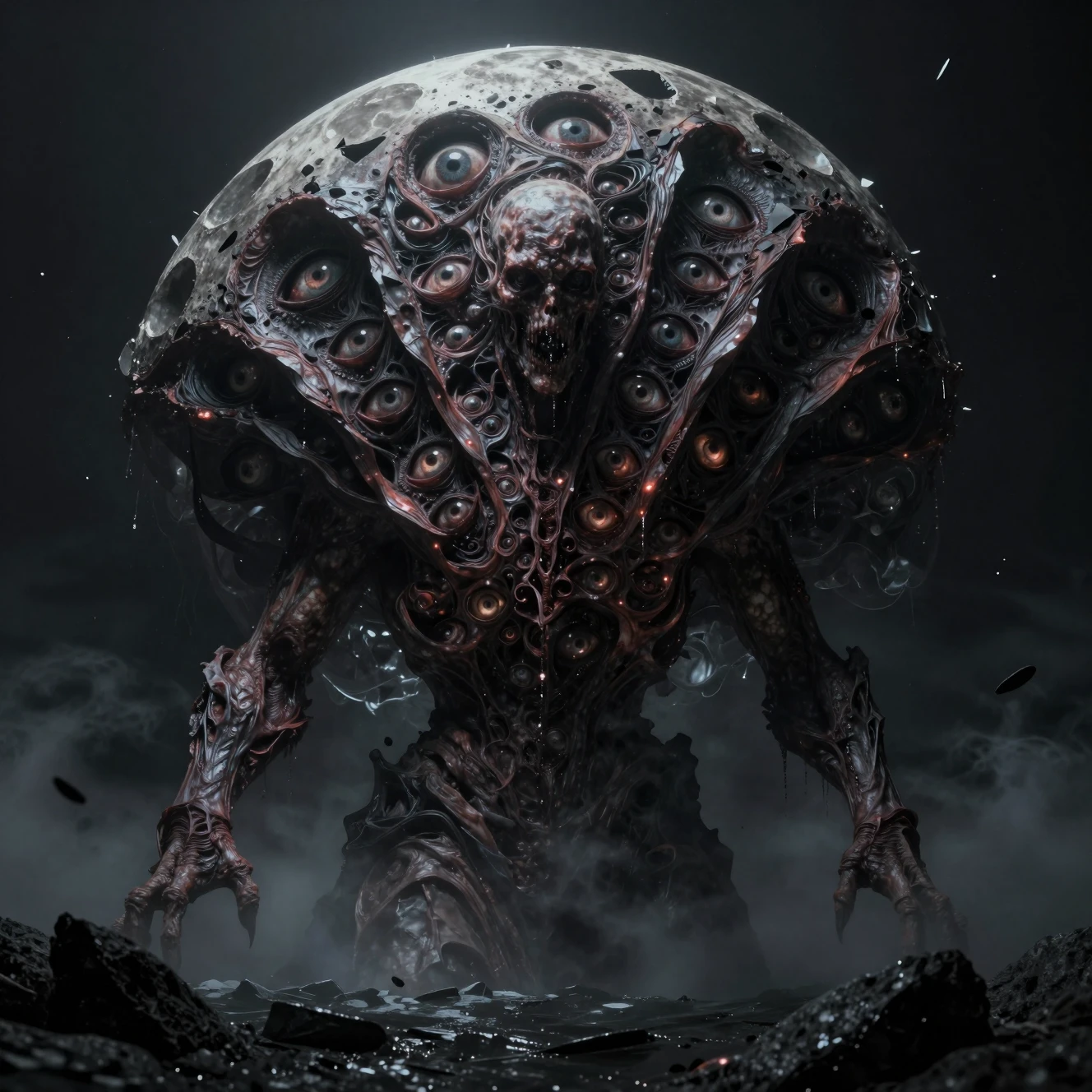 Ancient cosmic monster rising from a dark alien ocean