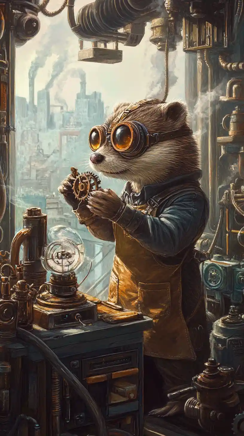 Steampunk otter inventor at a cluttered clockwork workbench