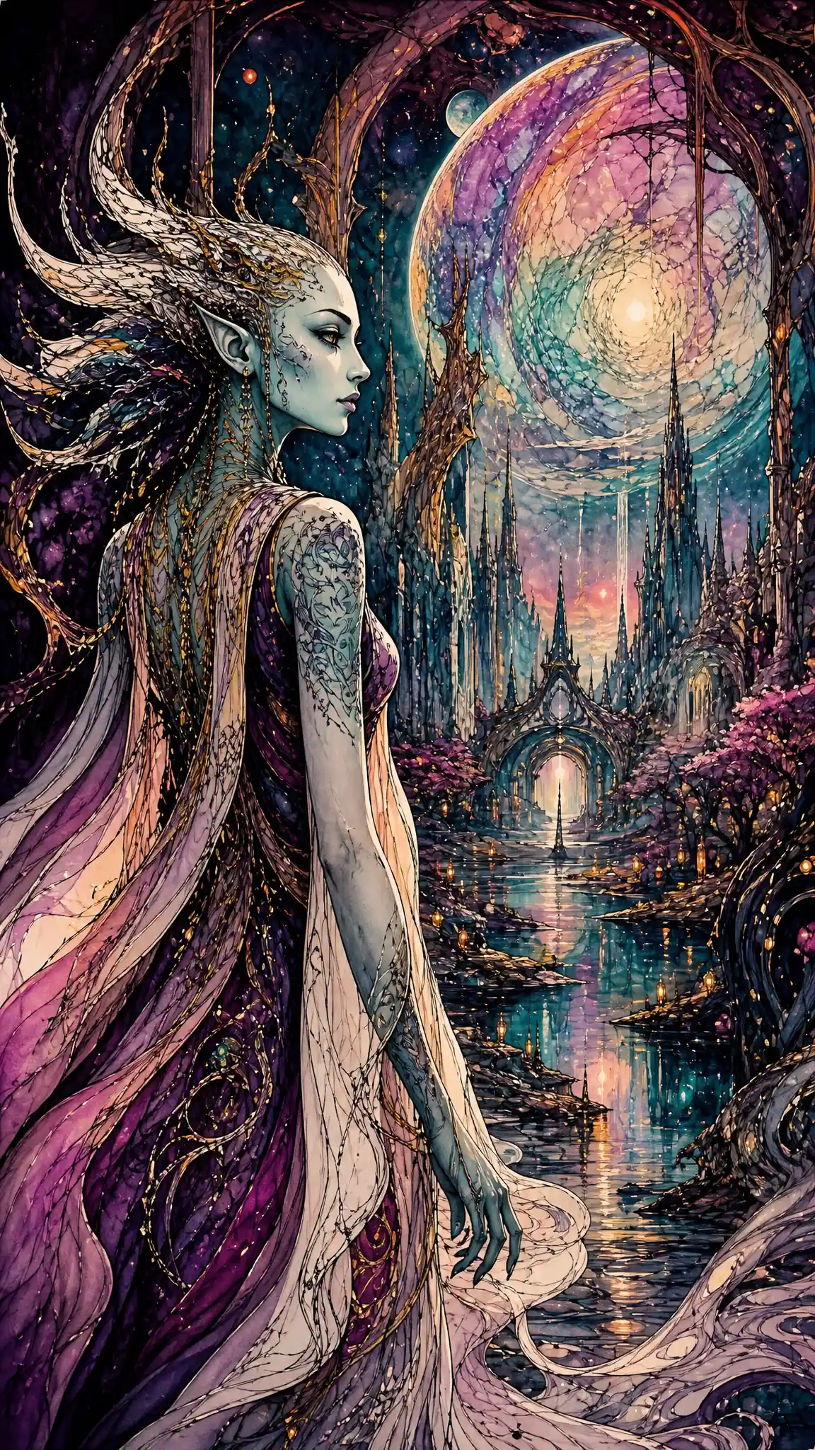 Ethereal alien woman entering a vibrant mystical realm