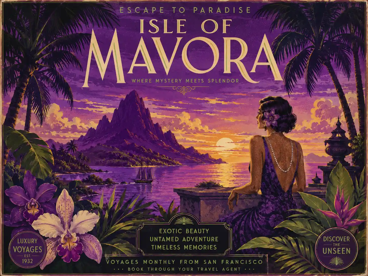 Vintage travel poster of a mysterious tropical island
