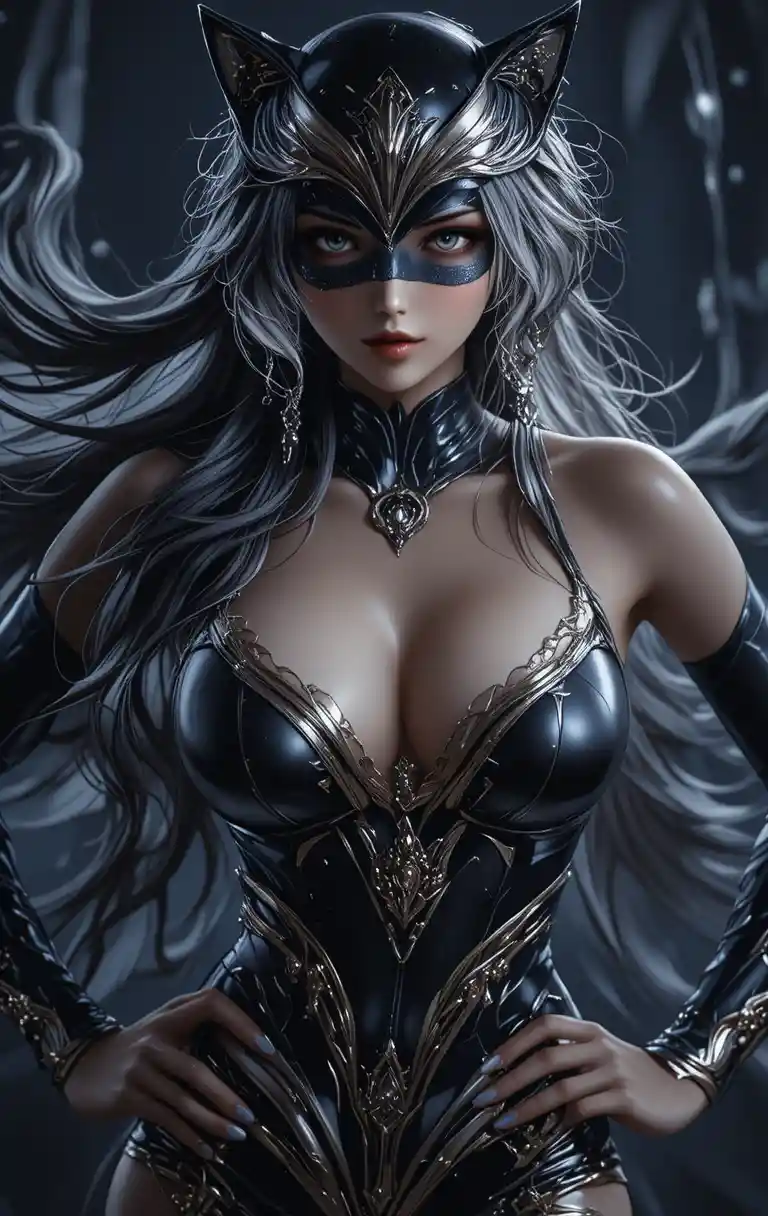 Seductive cat woman villain in black satin costume