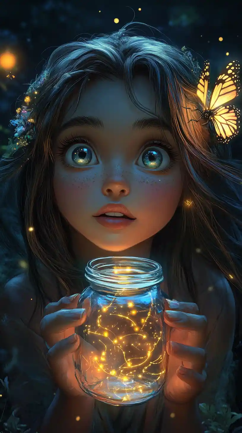 Girl with glowing fireflies in a dark fantasy forest