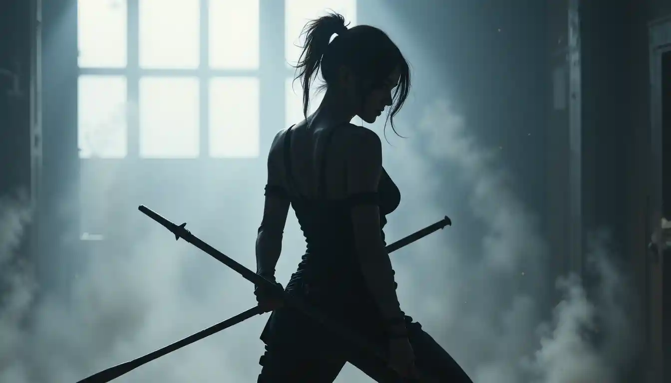 Backlit woman warrior silhouette with staff in training hall