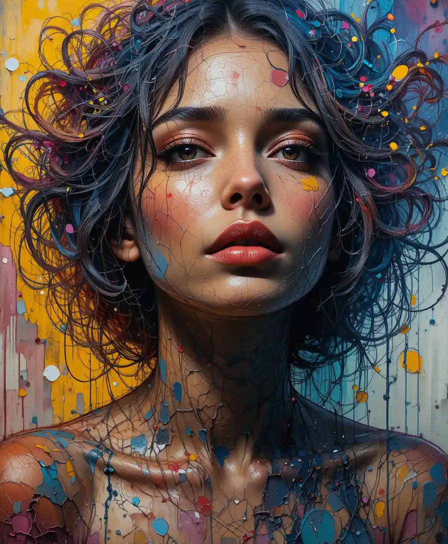 Mixed media portrait with vivid color and rich texture