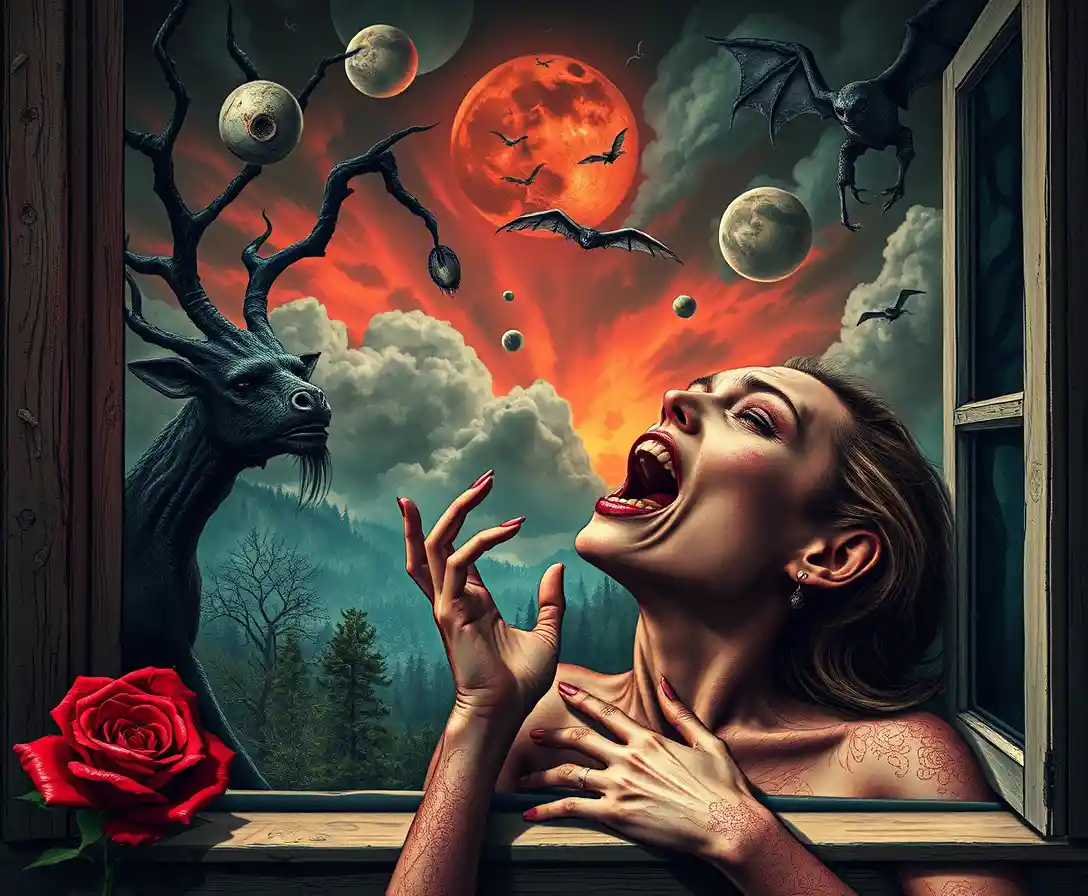 Whimsical hunted figure framed in surreal window scene