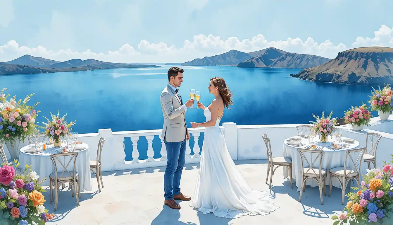 Watercolor wedding couple on ocean terrace with champagne