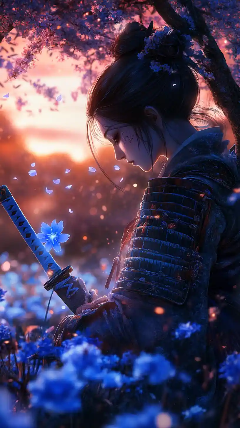 Samurai woman in blue flowers at a melancholic sunset