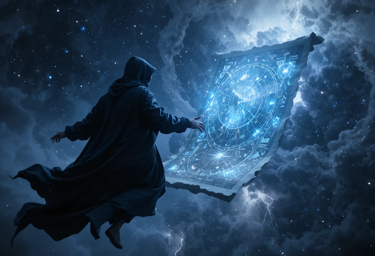 Dark monk drifting in a cosmic void with arcane scroll