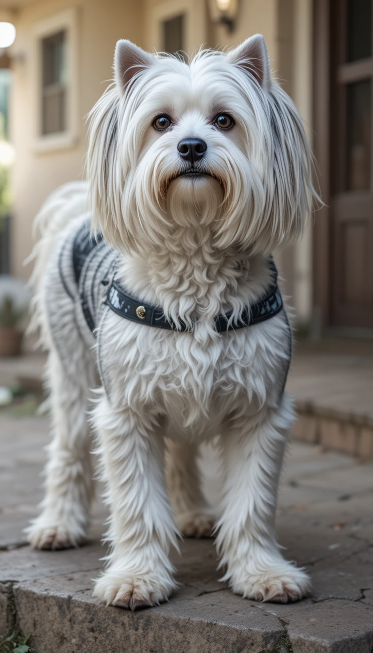 Long haired maltese dog with zebra stripes by a house