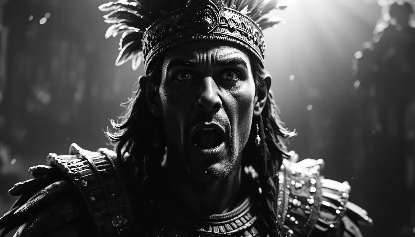 Mexica warrior bust in stark black and white terror
