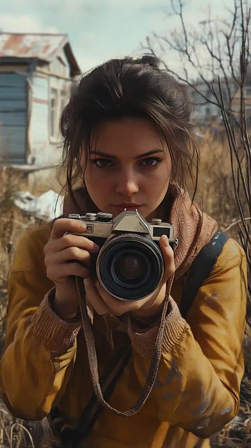Close up woman holding a camera in a painted courtyard