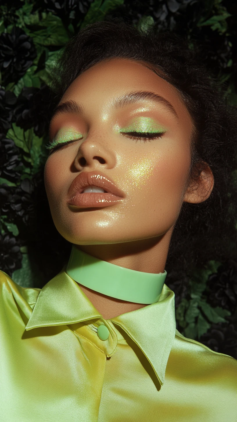 Woman in green with choker in floral close up portrait