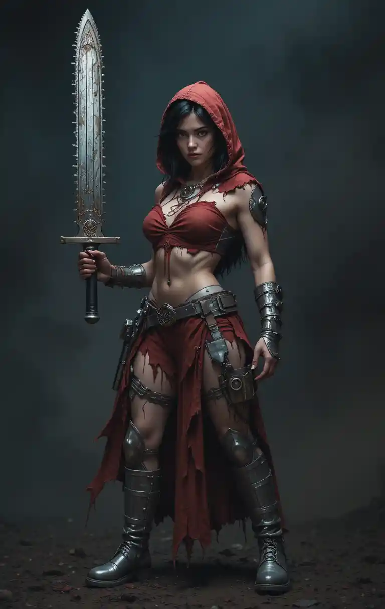 Muscular warrior woman with chainsaw sword in smoke