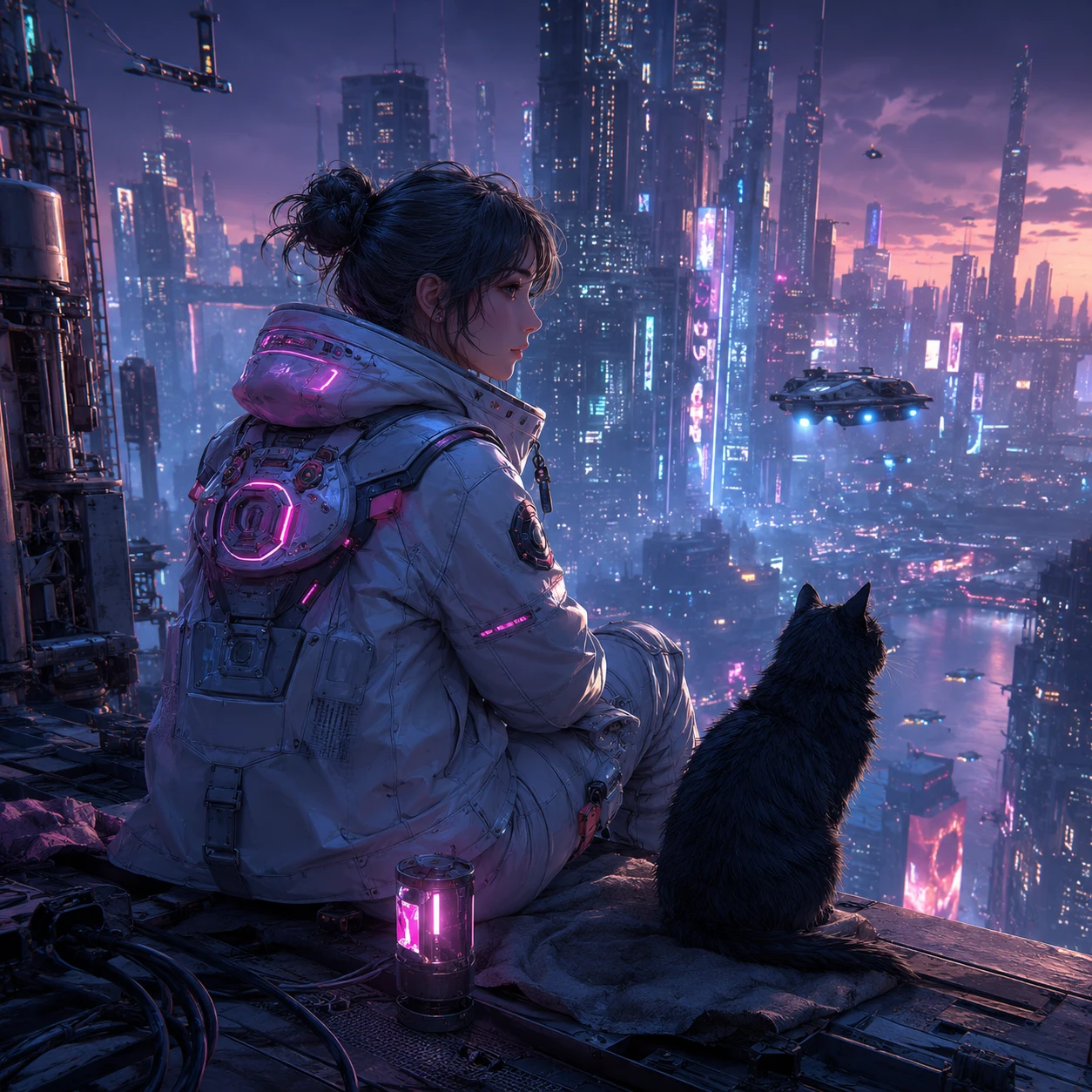 Young astronaut and cat on a rooftop in neon city
