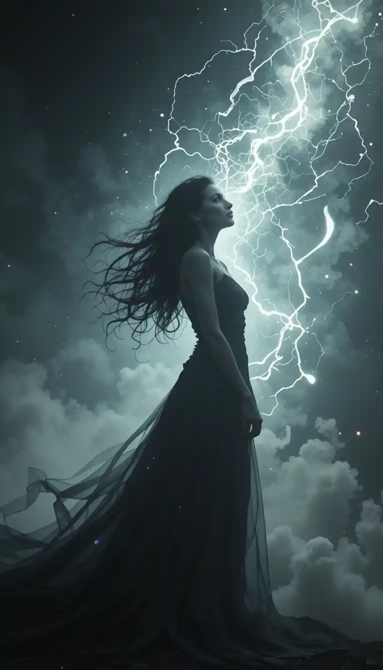 Ethereal female silhouette dissolving into storm light and shadow