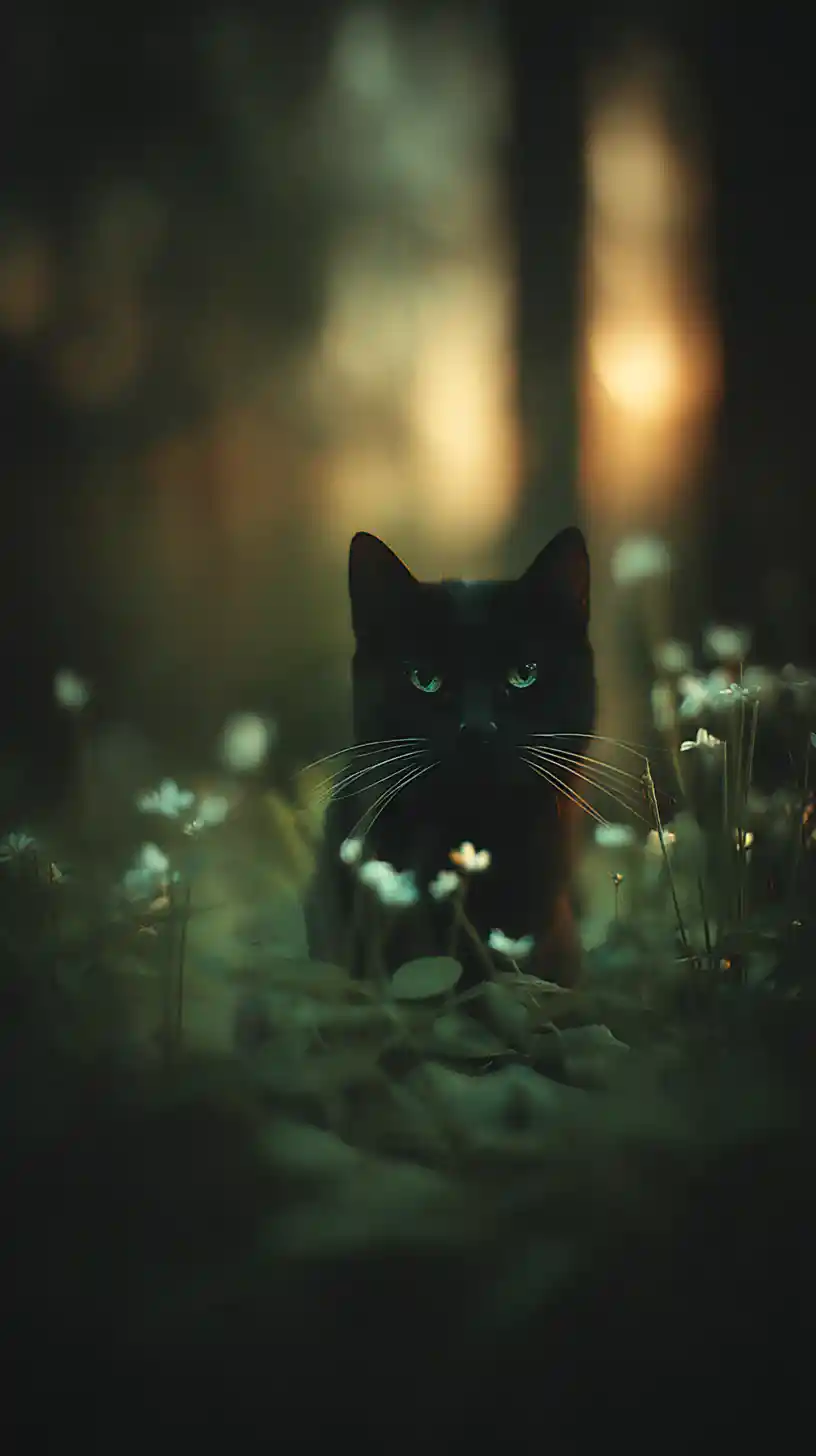 Black cat staring from deep green forest shadows