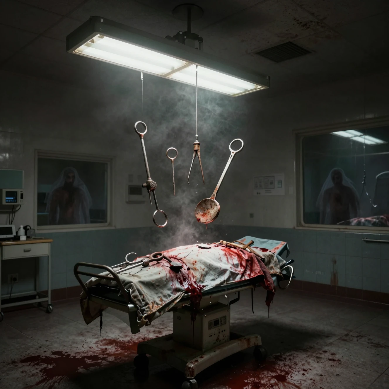 Abandoned hospital operating room filled with decaying surgical tools