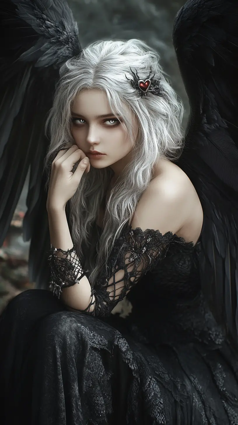 Melancholic gothic angel girl with glowing dark wings