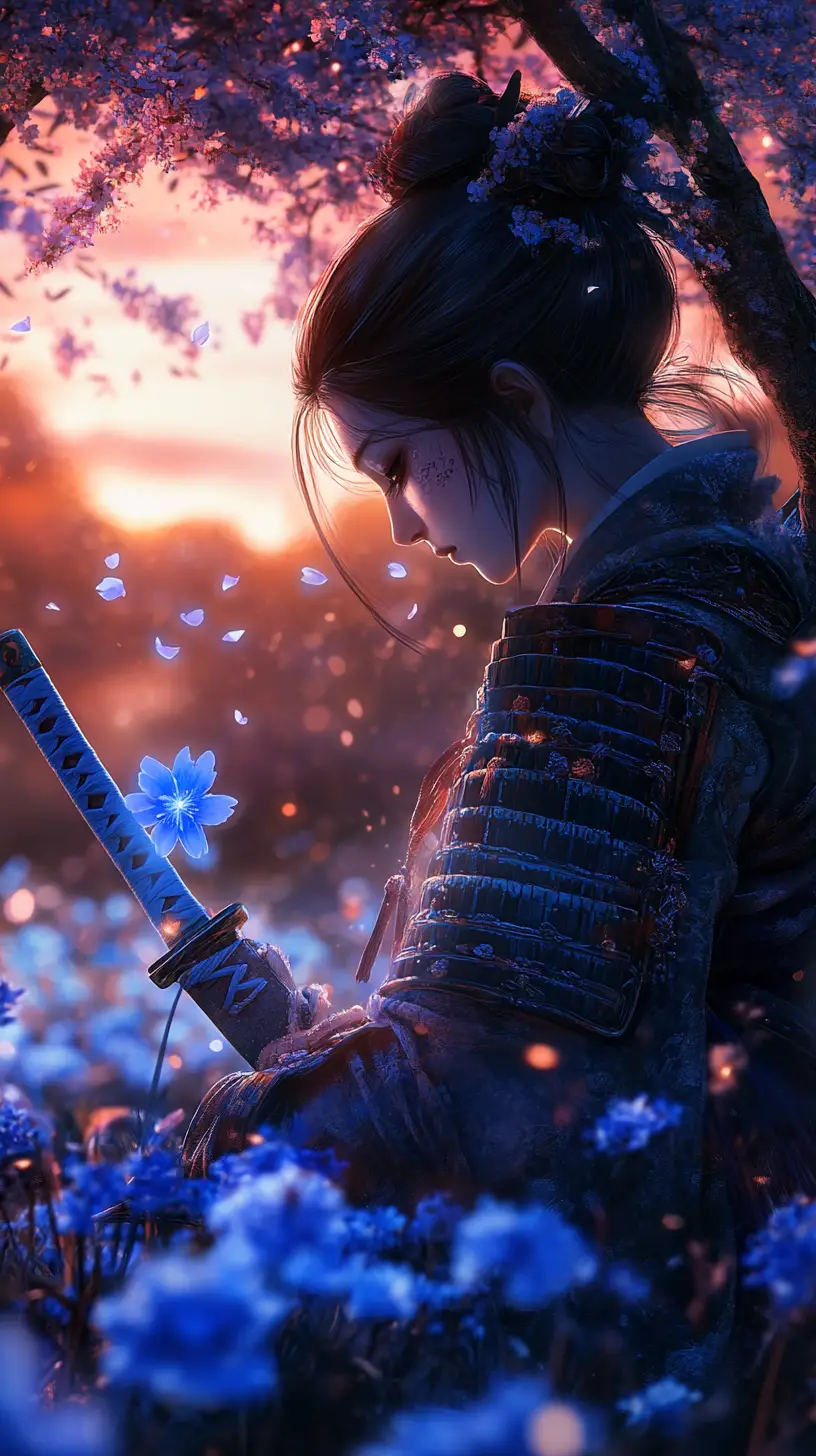 Samurai woman in blue flowers at a melancholic sunset