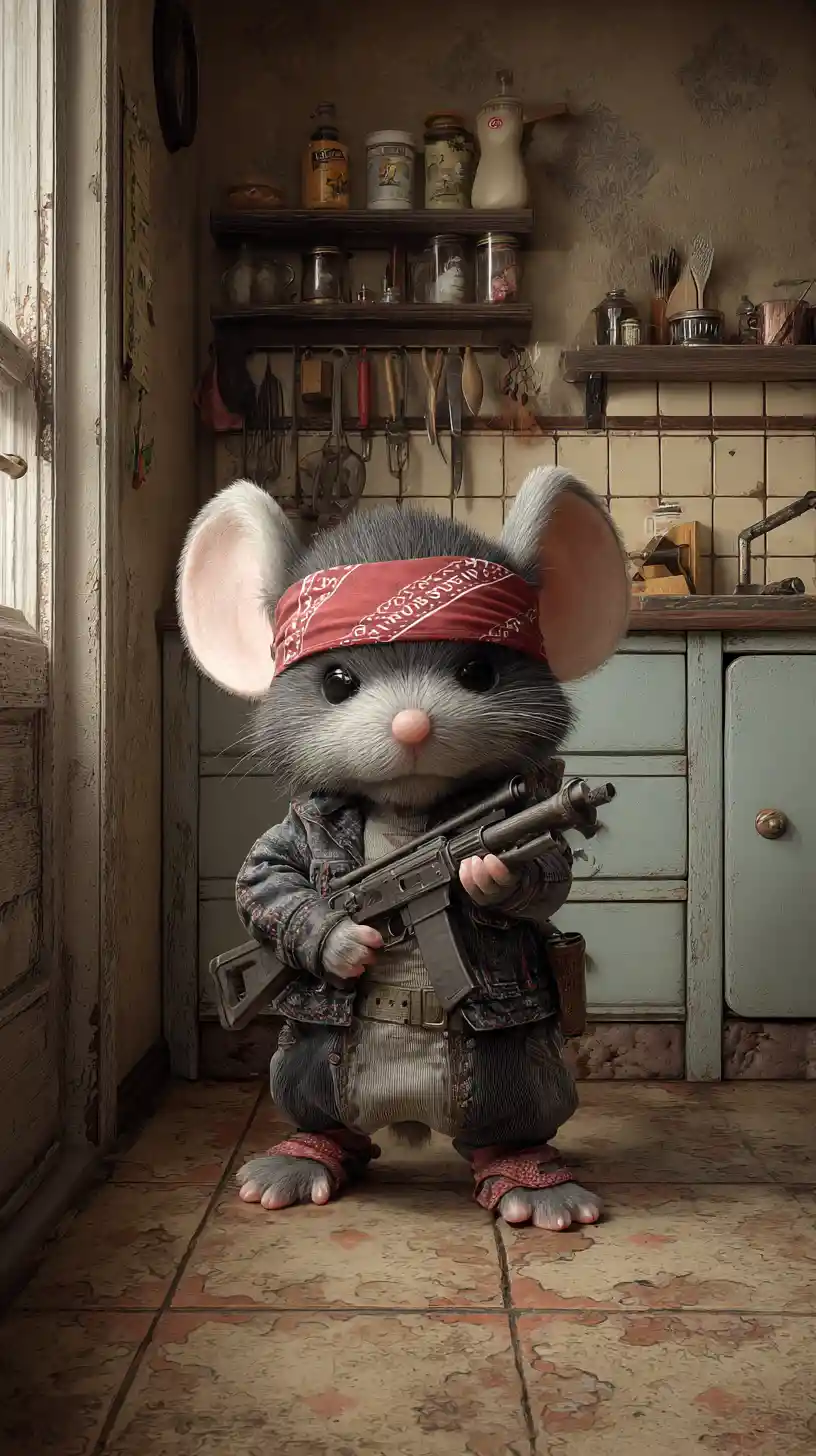 Cute little mouse hero in a charming vintage kitchen