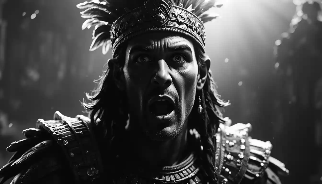 Mexica warrior bust in stark black and white terror