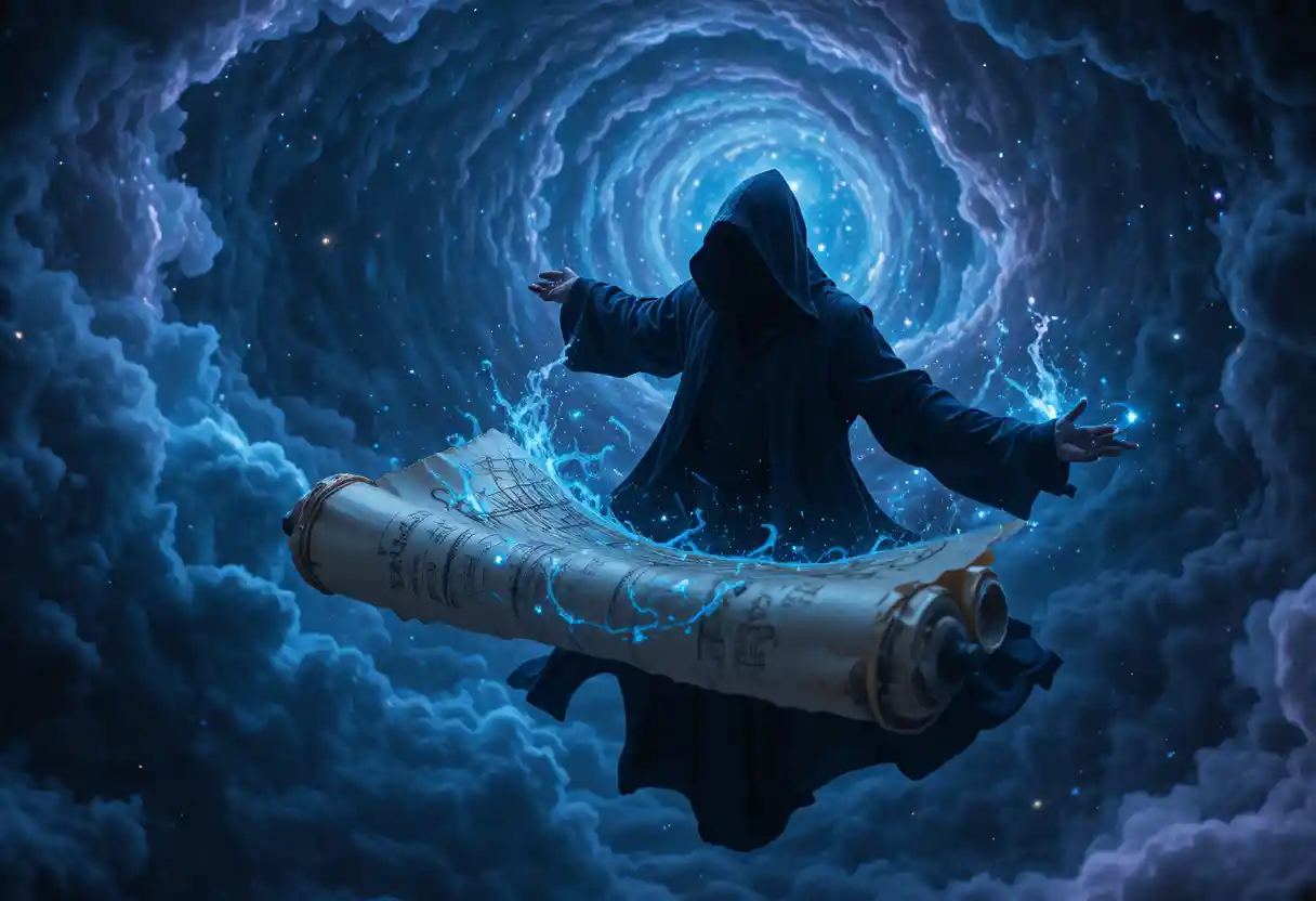 Dark robed monk floating in a glowing cosmic void