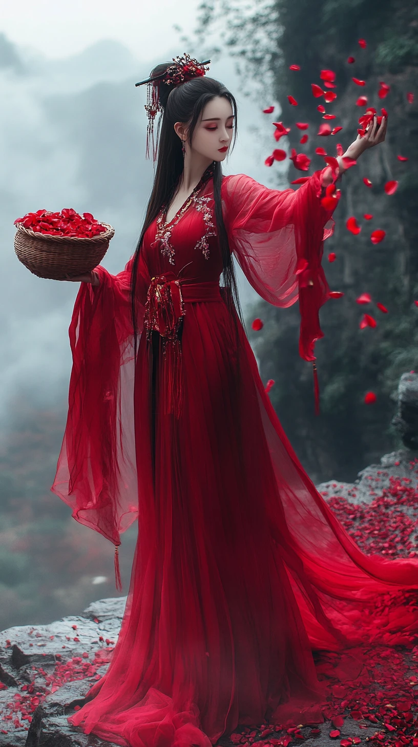 Woman in red hanfu scattering rose petals over cliffs