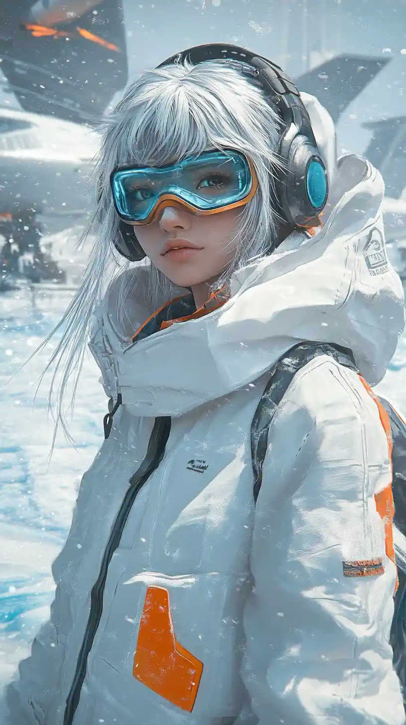 Anime girl in techwear at a frozen futuristic harbor