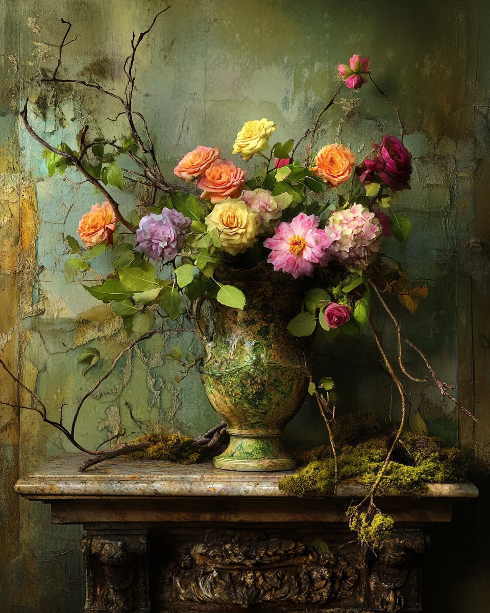 Baroque floral still life with weathered classical vase
