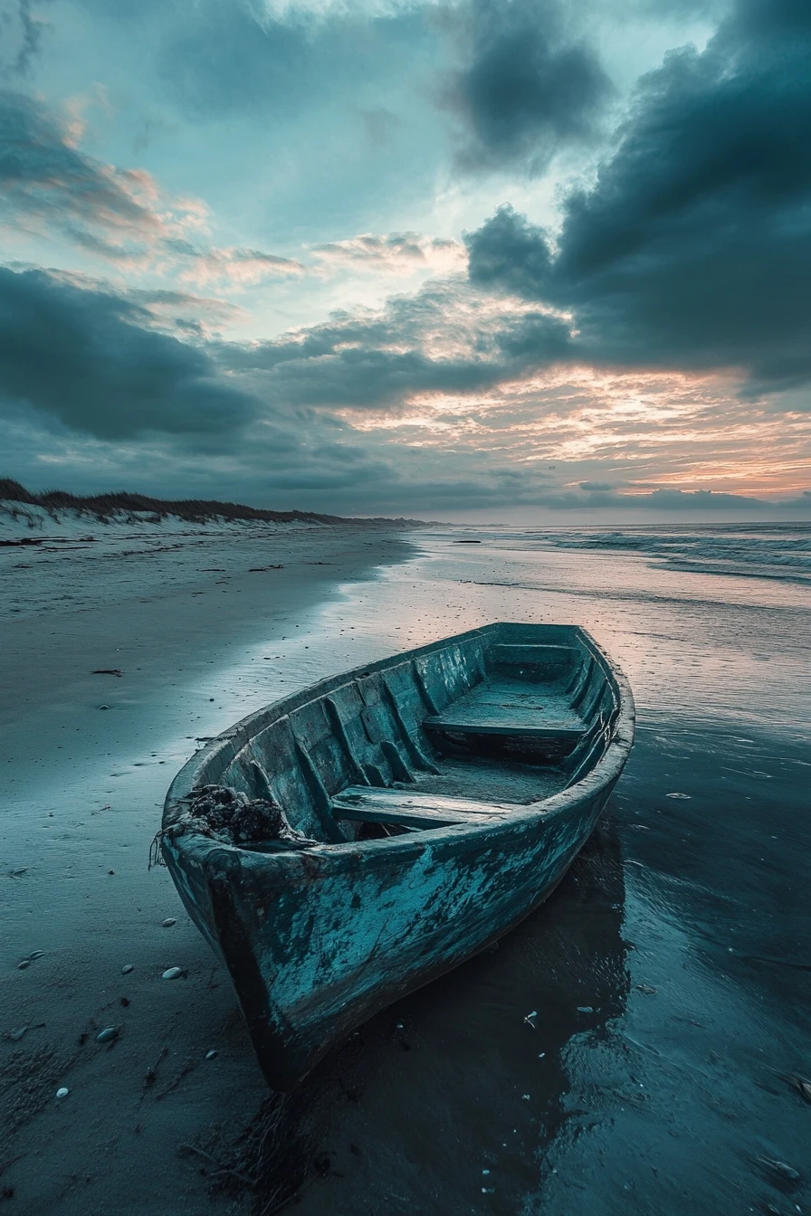 Serene artistic beachside scene in pastel metallic tones