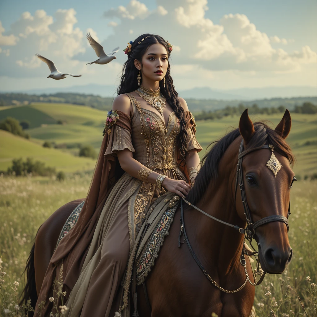 Regal woman on horseback in a sunlit green meadow