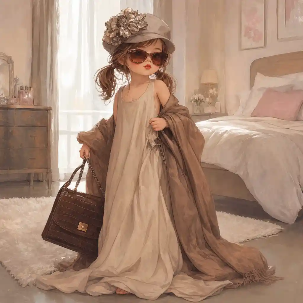 Little girl playing dress up in oversized elegant clothes