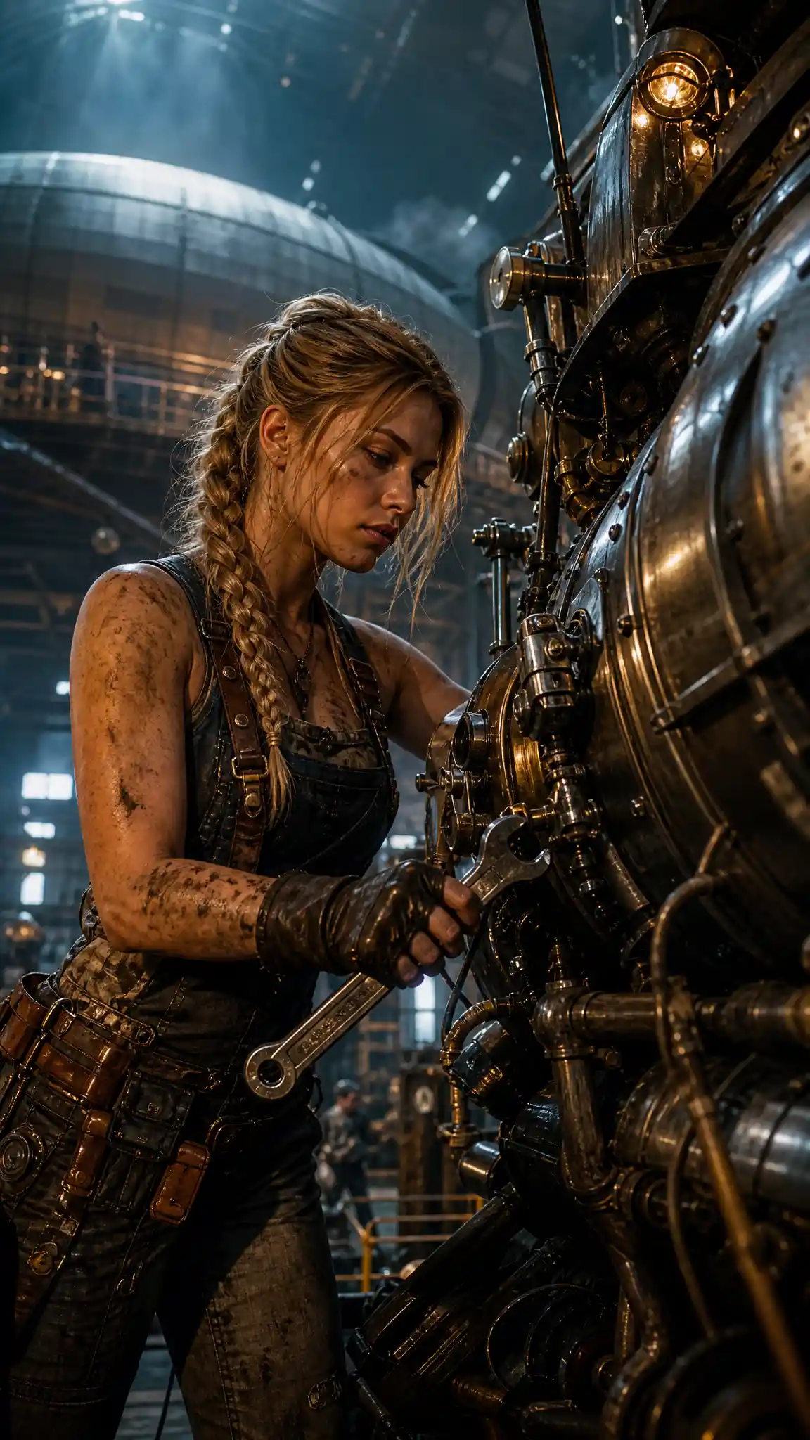 Young female mechanic working on a massive steam engine