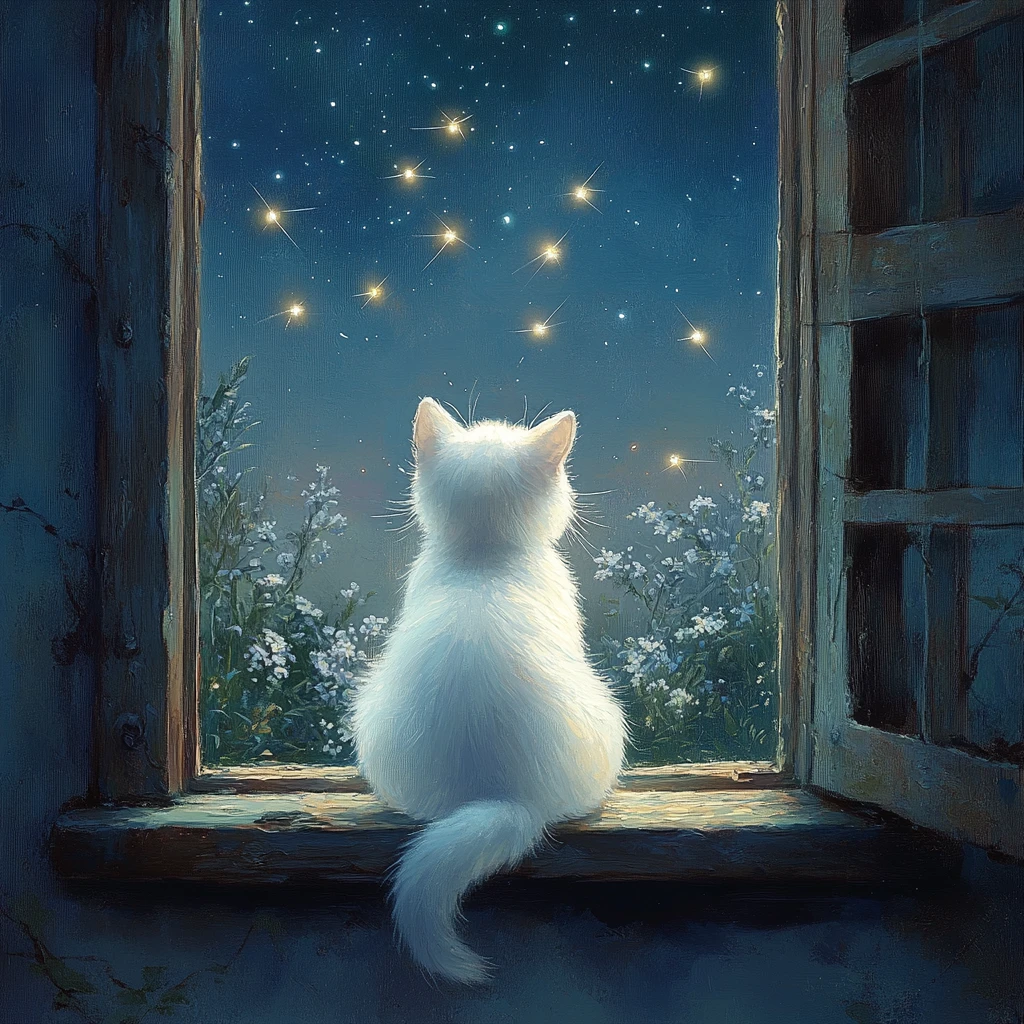 Gatito blanco en una ventana abierta mirando luciérnagas de noche