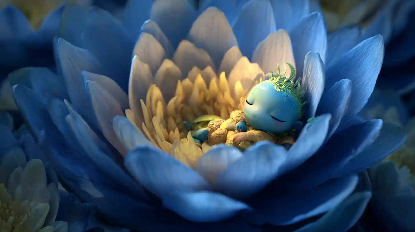 Sleeping mythical creature cradled in a blue lotus